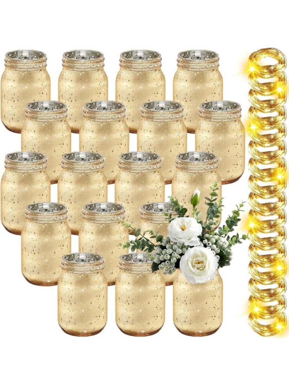 12 Decorative Mason Jars with Lights - Elegant Table Centerpiece, Gold Accents